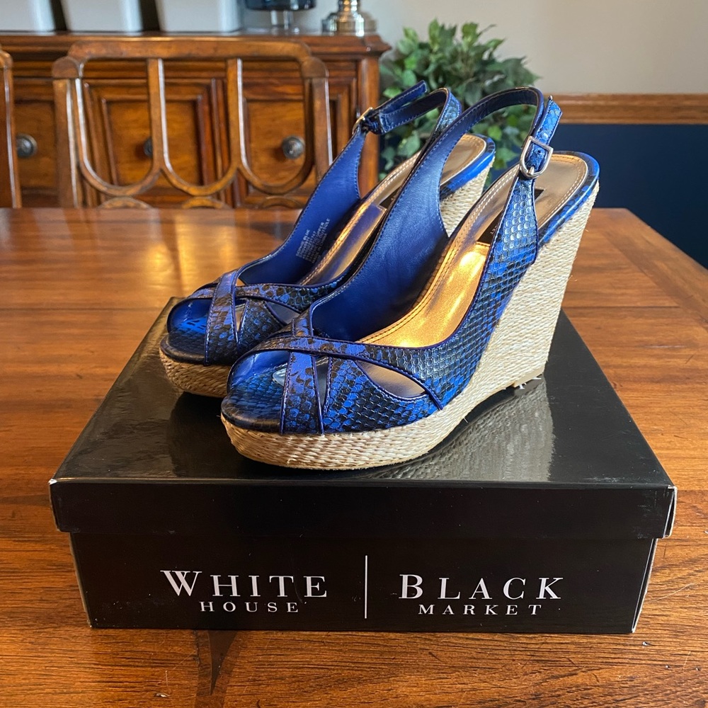 💥HP💥Worn once! Blue Snake woven wedge slingbacks